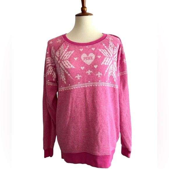 PINK Victorias Secret Women Pink White Snowflake Oversized XS Sweater - Picture 1 of 6